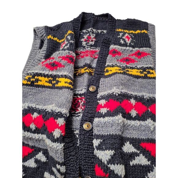 80s 90s VTG Ugly Hand Knit Wool Sweater Vest Blue/Red/Yellow Unisex Size L OOAK - Picture 4 of 5